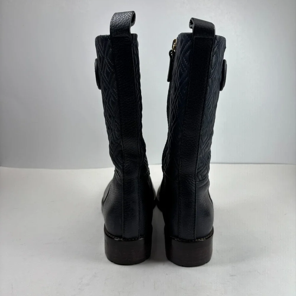 Tory Burch Marion Women's US 8M Quilted Black Leather Mid-Calf‎ Boots Equestrian